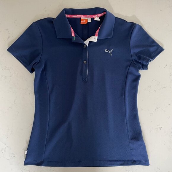 Puma Sport Lifestyle Dry Cell SS 3 Button Poly Polo Shirt Navy + White Accent M - Picture 4 of 12